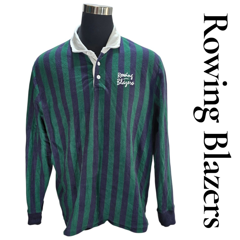 Rowing Blazers Rugby Shirt Mens XXXL Green Navy Stripe Cotton Preppy Collegiate